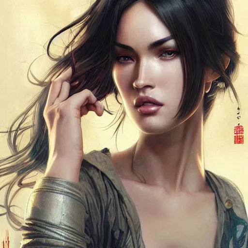 Image similar to ultra realistic illustration, megan fox as chinese anime, intricate, elegant, highly detailed, digital painting, artstation, concept art, smooth, sharp focus, illustration, art by artgerm and greg rutkowski and alphonse mucha and wlop