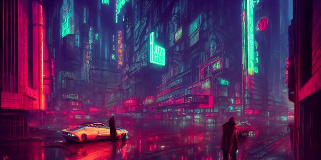 Image similar to concept art, octane render, a brooding, dystopian city, reflections, volumetric pastel neon lighting, dramatic, emerald red neon glow, 8 k, ultra - hd, insanely detailed and intricate, hypermaximalist, elegant, ornate, by gerald brom, by syd mead, akihiko yoshida, doug chiang, cinematic