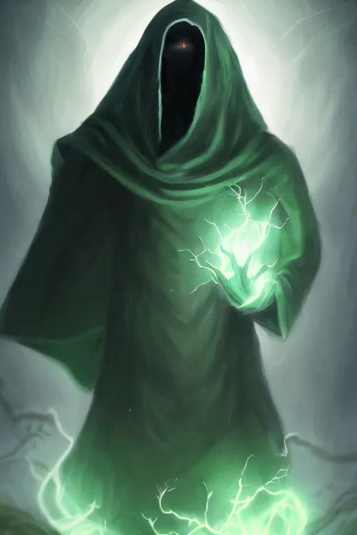 Prompt: A full body portrait of a mysterious character with no face, glowing eyes and a very long hooded dark green cloak of leaves, vines coming out the ground art by Shaddy Safadi and Jason Chan, ominous, cosmic horror, trending on artstation, Ultra detailed, hyper realistic 4k