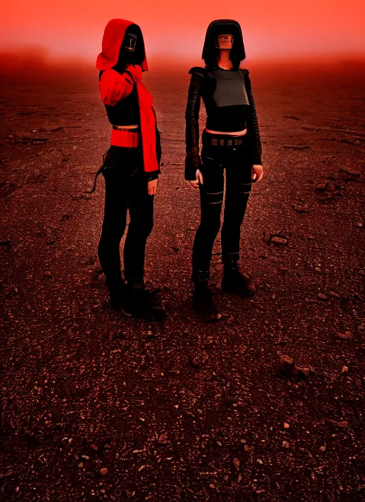 Image similar to cinestill 5 0 d photographic portrait of two loving female androids wearing rugged black techwear on a desolate plain with a red sky, extreme closeup, lizard on ground, cyberpunk style, in front of a brutalist dark metal facility, dust storm, 8 k, hd, high resolution, 3 5 mm, f / 3 2, ultra realistic faces