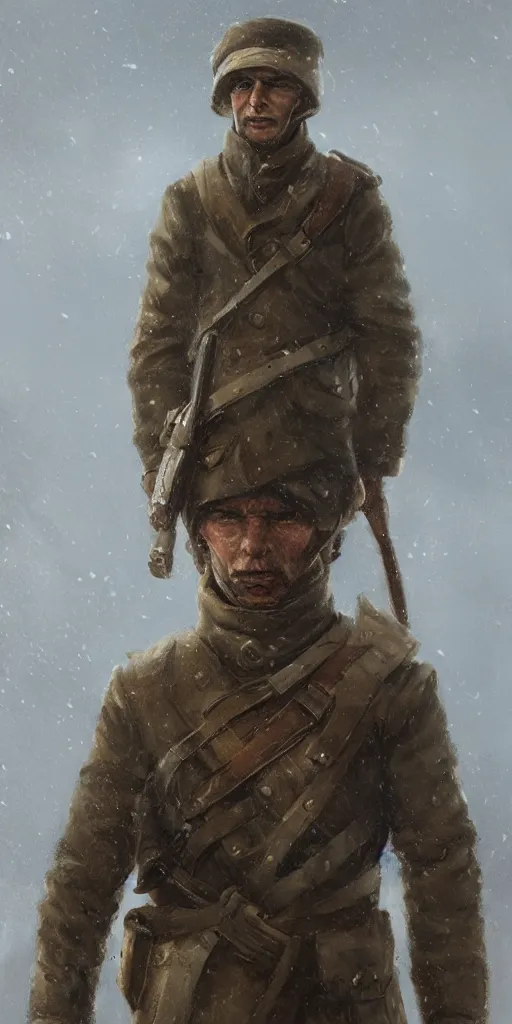 Image similar to character portrait of a wolrd war ii soviet soldier in a thematic landscape in the style of greg rutkowski, darek zabrocki, marcin rubinkowski, lorenzo lanfranconi, oleg zherebin, karlkka, trending on artstation