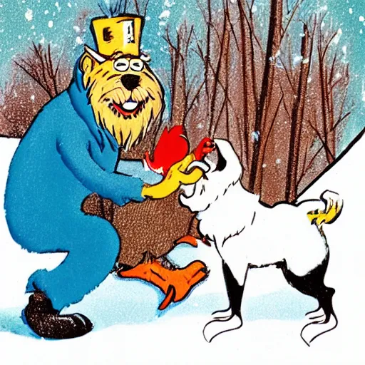 Image similar to a happy man petting a happy dog in the snow, illustration by dr. seuss