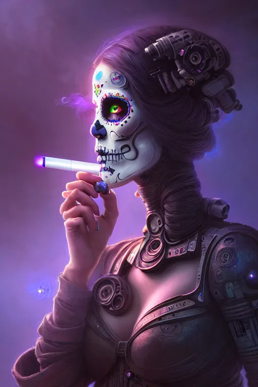 Image similar to ultra detailed, beautiful female android smoking a cigarette, scifi, fantasy, ( dia de los muertos ), triadic color scheme, intricate detailed, global illumination, concept art. smoke, calm, noir. art by godmachine and michael welan and rossdraws and artgerm and greg rutkowski and loish and wlop. 8 k, hdr