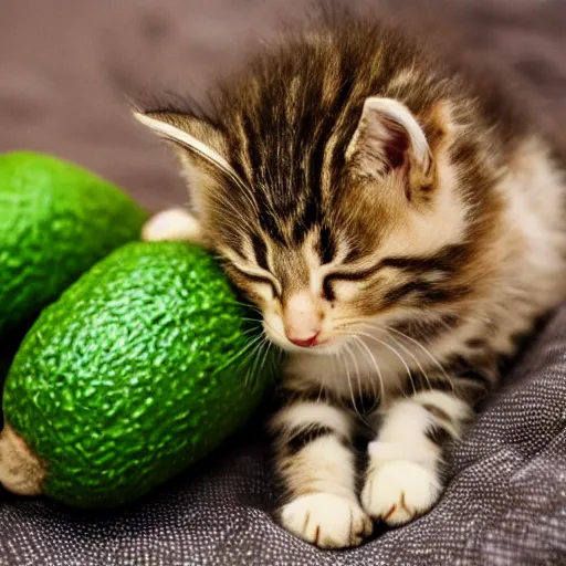 Prompt: kitten sleeps with avocado