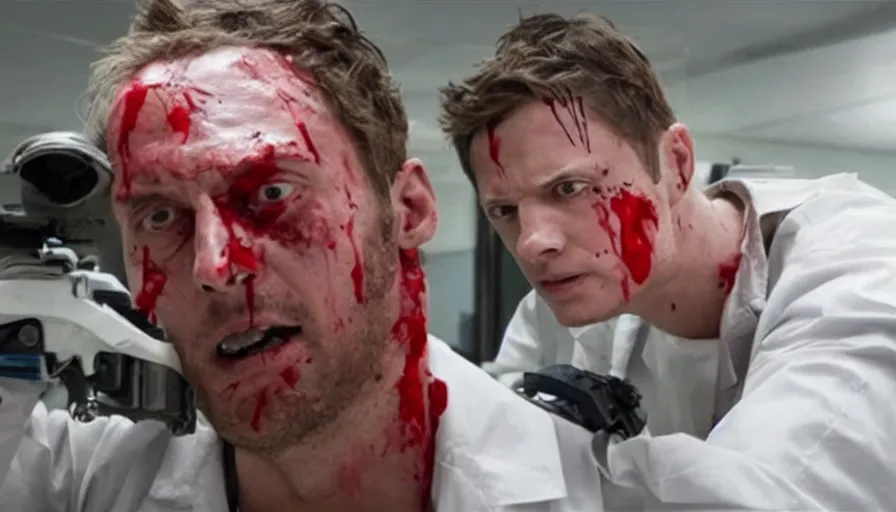 Image similar to big budget action movie about dead scientist's bloody head wound