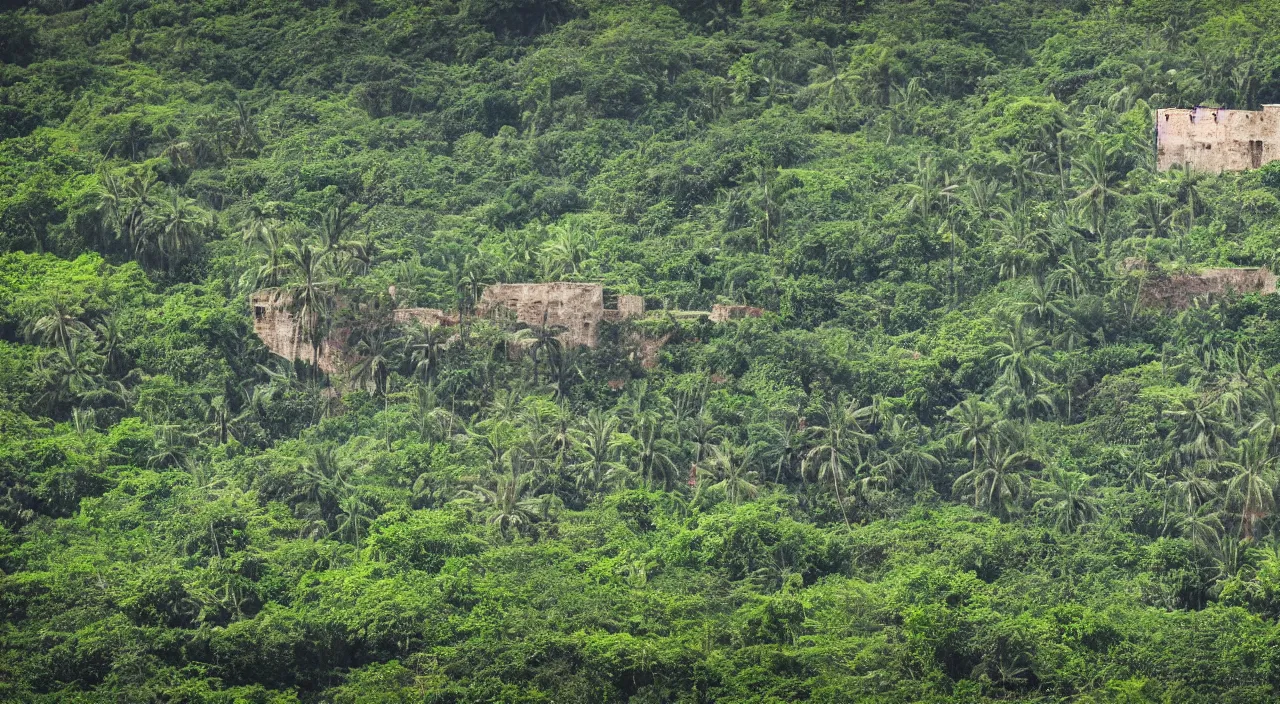 Image similar to close zouk fabric wall fortress landscape jungle dirt a spectacular view cinematic