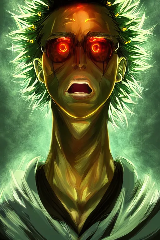 Image similar to nuclear bomb dandelion male anime character, symmetrical, highly detailed, digital art, sharp focus, trending on art station, green eyes, glowing radioactive colours