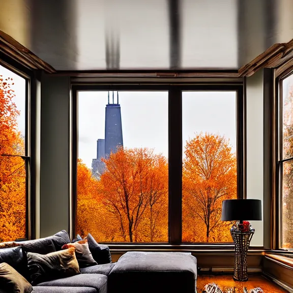 Image similar to fantastical living room with chicago landscape in the window by marc adamus, beautiful dramatic lighting, overgrown with funghi, autumn season, coat rack with coat hanging off, style by peter deligdisch, peterdraws