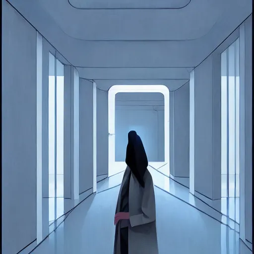 Image similar to A white futuristic modern corridor, very coherent, painted by Edward Hopper, Wayne Barlowe, painted by James Gilleard, airbrush, art by JamesJean