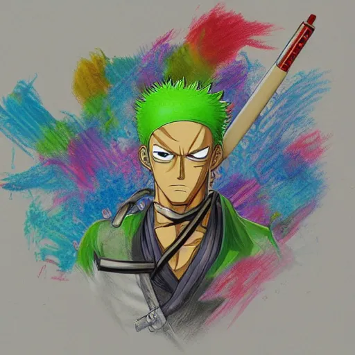 Prompt: colourful pencil sketch of zoro from one piece using mops, beautiful, masterpiece, digital art, detailed, trending on artstation