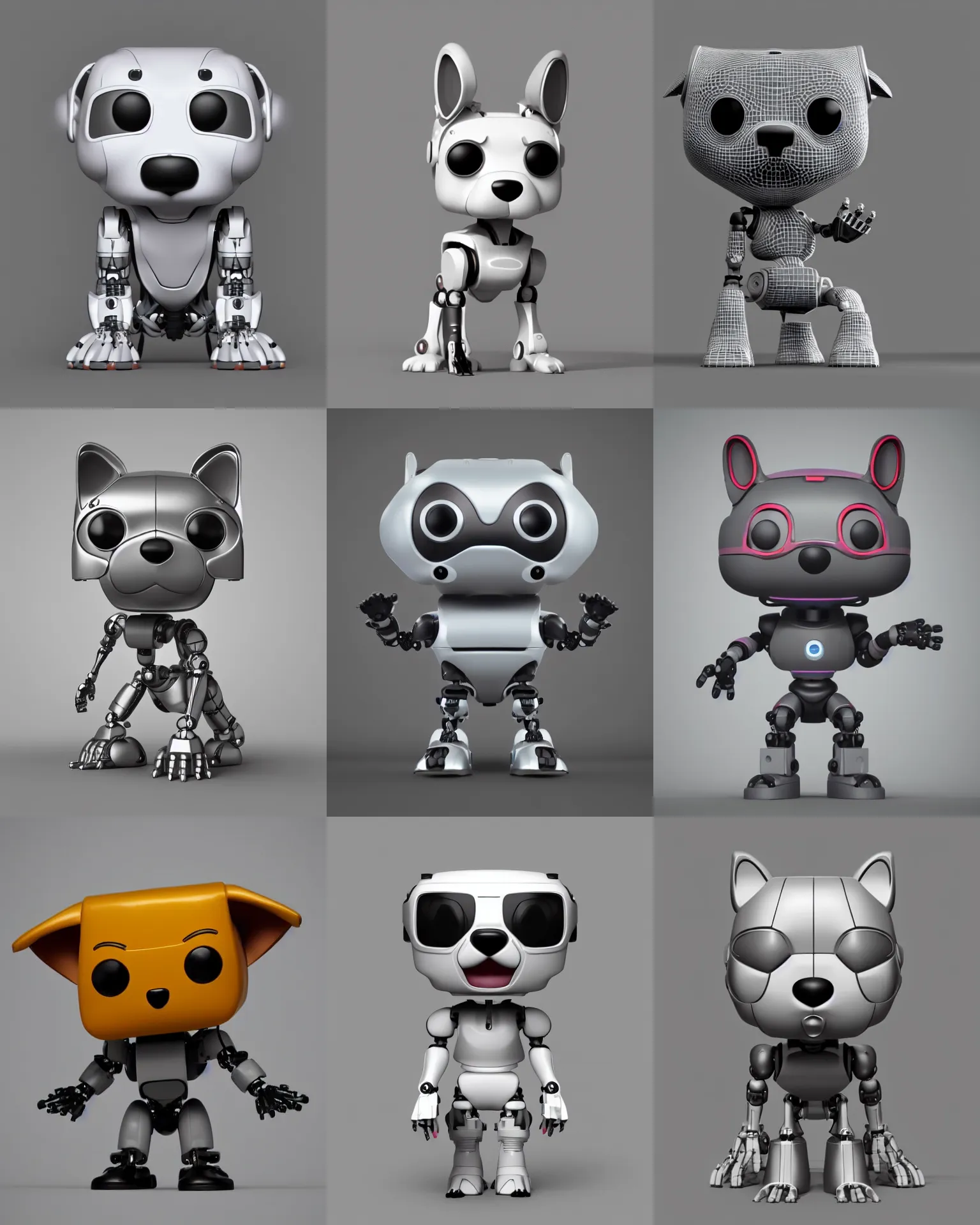Prompt: full body 3 d render of robot dog as a funko pop!, studio lighting, grey background, single body, no shadow, blender, trending on artstation, 8 k, highly detailed