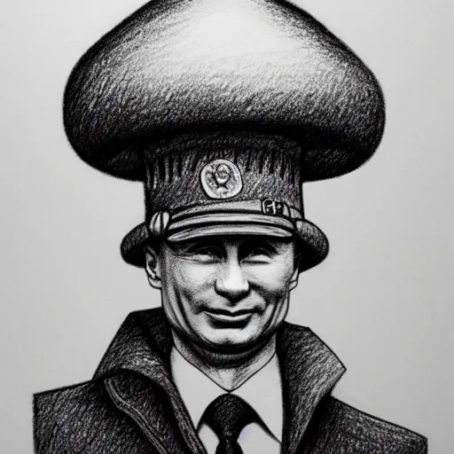 Image similar to vladimir putin with a mushroom cloud hat, cartoonish, ultra detailed pencil drawing