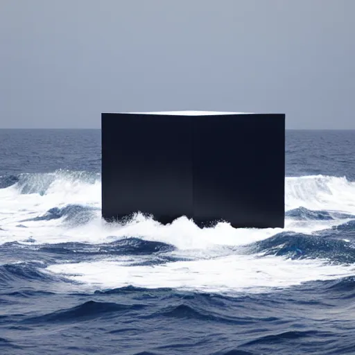 Image similar to a cube in the middle of the sea in the style of richard serra