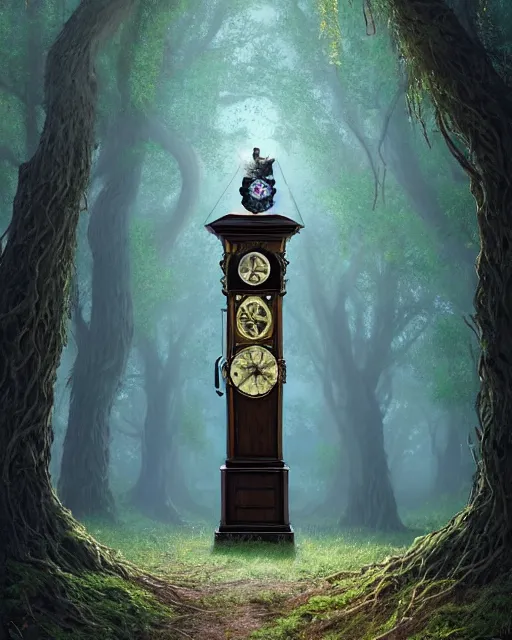 Image similar to highly detailed surreal vfx portrait of a cursed grandfather clock in a shadowy forest by a willow tree, stephen bliss, unreal engine, greg rutkowski, loish, rhads, beeple, makoto shinkai and lois van baarle, ilya kuvshinov, rossdraws, tom bagshaw, alphonse mucha, global illumination, detailed and intricate environment