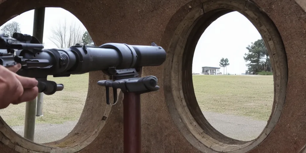 Prompt: looking at a school entrance through the barrel of a gun