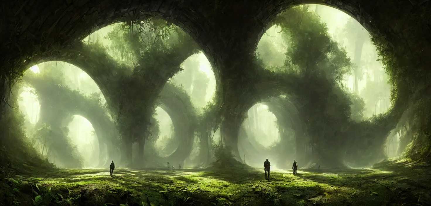 Image similar to a man standing in a tunnel in the middle of a forest, a matte painting by stephan martiniere, featured on cgsociety, fantasy art, matte painting, unreal engine 5, tesseract