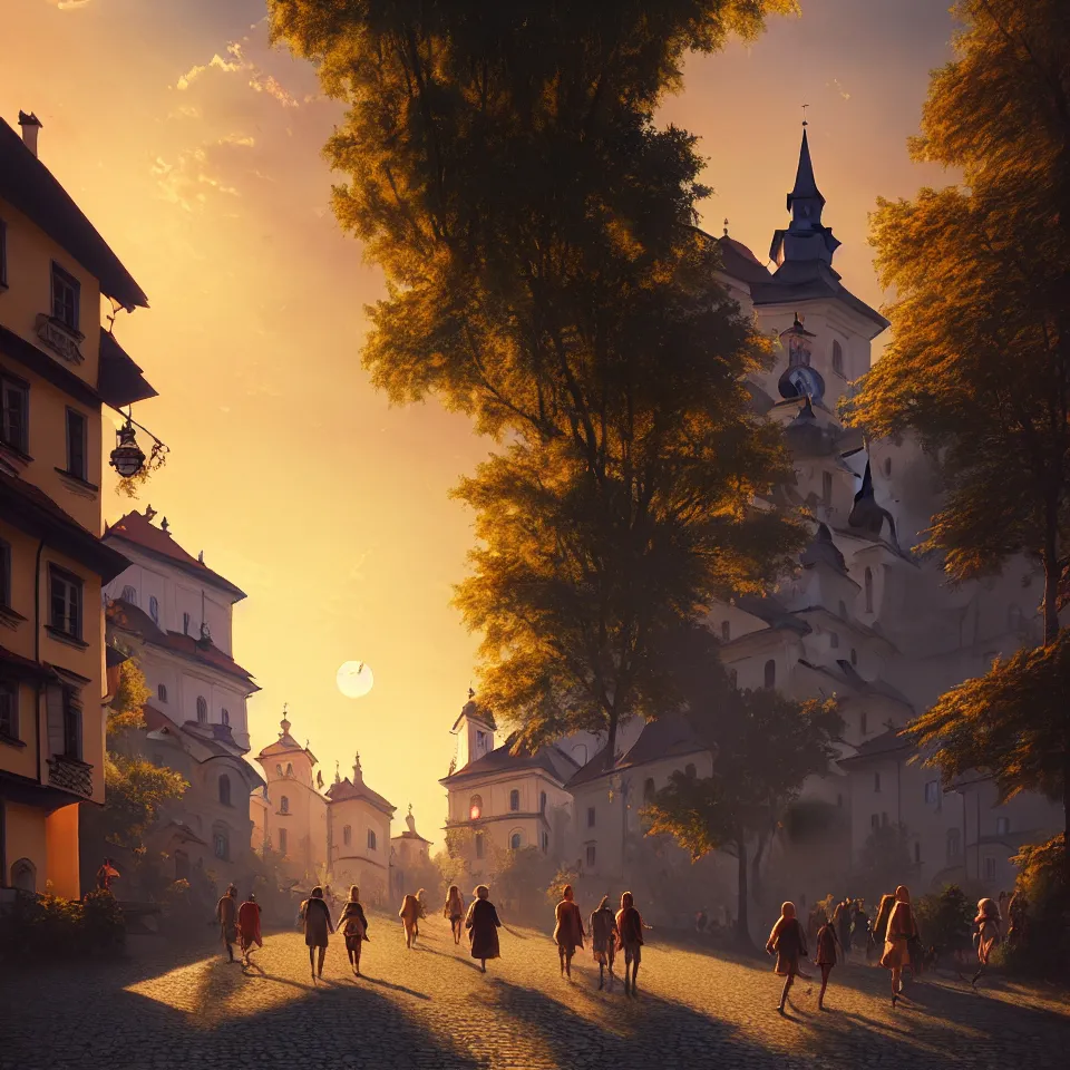 Image similar to a beautiful photo of banska stiavnica in summer with old houses and trees in sunset, sky, people walking on street, unreal engine, by greg rutkowski and james gurney, artstation