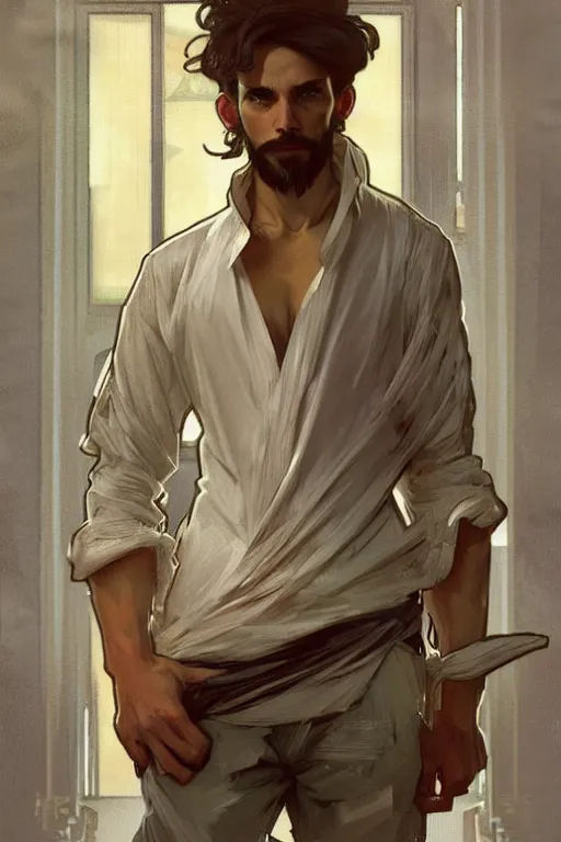 Image similar to full body portrait of a single beautiful young fit man, modern haircut, open shirt, large pants, holding a cat. by greg rutkowski and alphonse mucha, d & d character, in front of a modern room background, highly detailed portrait, digital painting, artstation, concept art, smooth, sharp focus ilustration, artstation hq