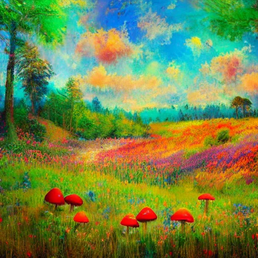 Image similar to an impressionist painting of a gorgeous meadow filled with colorful mushrooms with a stream flowing through it, psychedelic colors, colorful sky in background, high detail, trending on artstation