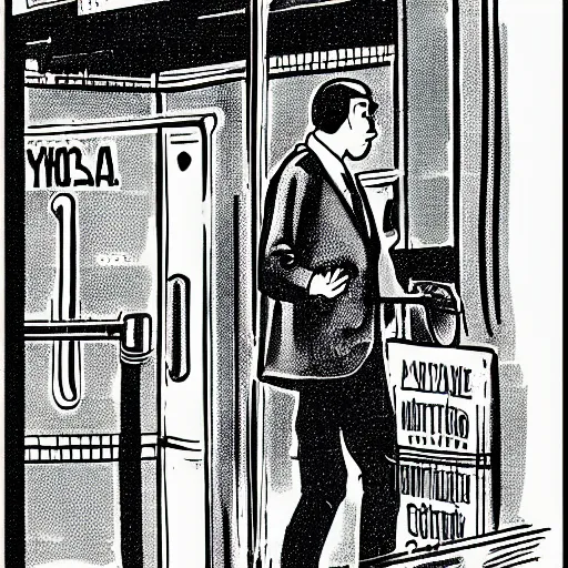 Image similar to a risograph print of a man walking into a New York City subway station