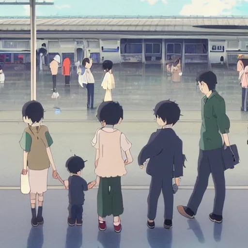 Prompt: A family saying goodbye to their children at a busy plane train station, by Dice Tsutsumi, Makoto Shinkai, Studio Ghibli