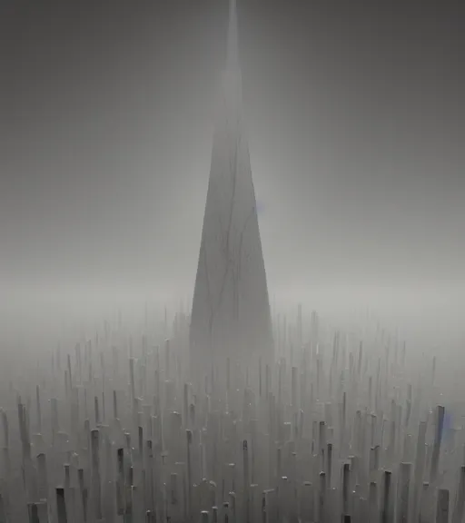 Prompt: surreal minimal tower made of white crystalized veins, inverted white roots in the floor, foggy sky, dark night, octane render, unreal engine, pale colors, high detail, 8 k, wide angle, trending on artstation, behance