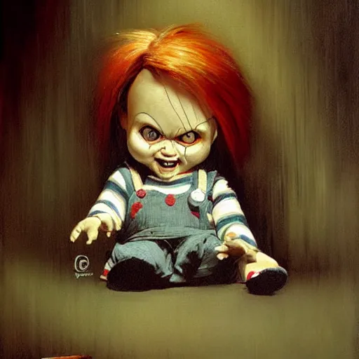 Image similar to the doll chucky, oil painting, by greg rutkowski