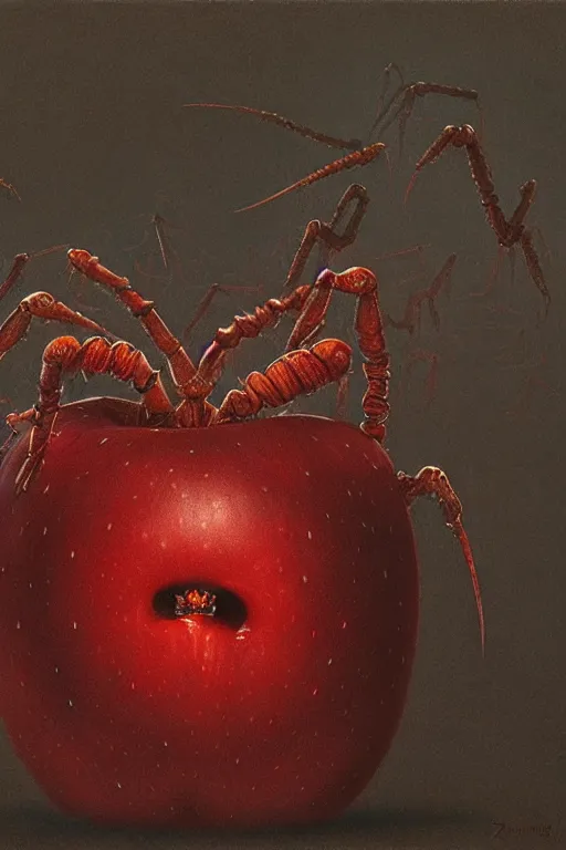 Prompt: horde of bugs eating the inside of an apple, close up of an apple, by zdzislaw beksinski, by dariusz zawadzki, by wayne barlowe, gothic, surrealism, cosmic horror, lovecraftian, cold hue's, warm tone gradient background, concept art, beautiful composition