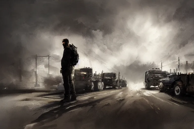 Prompt: epic concept art of an approaching truck and a man standing still. man in foreground. backlight. strong contrast. by ashley wood and j. m. w. turner, speed painting, photo bash, cinematic angle, super detailing, strong perspective, over the shoulder shot