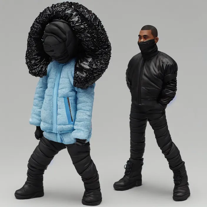 Prompt: kanye west, a goodsmile figure of kanye west using a full face covering black mask, a small, tight, child size reflective bright blue round puffer jacket made of nylon and big black balenciaga rubber boots, figurine, detailed product photo