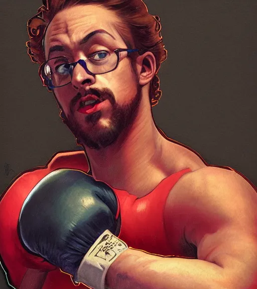 Prompt: Gigachad Sam Hyde ready for battle, boxing stance, wearing big mecha red boxing gloves , sigma male, accurately portrayed, portrait art by alphonse mucha and greg rutkowski, highly detailed, digital painting, concept art, illustration, dim lighting with twilight rays of sunlight, trending on artstation, very detailed, smooth, sharp focus, octane render, close up