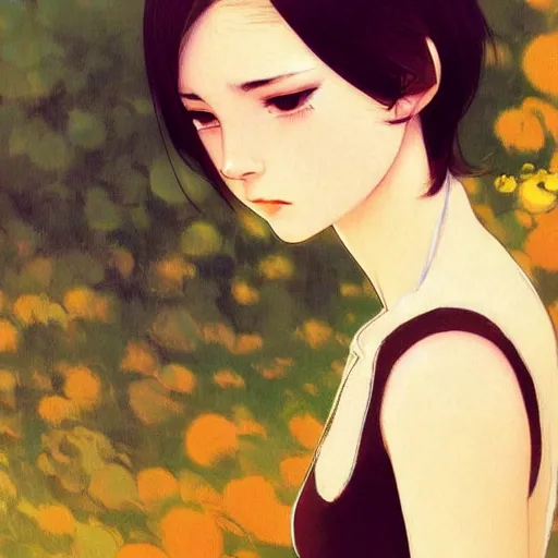 Image similar to beautiful photography, youth teen miserable loner girl, focus close on detesting eyes, soft skin, seventies giallo film by ilya kuvshinov monet range murata artgerm katsuhiro otomo norman rockwell, highly detailed intricately sharp focus, bedroom eyes trending on pinterest vogue italia 3 5 mm, 4 k uhd image