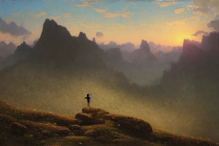 Prompt: a traveler wandering trough the mountains looking at the clouds, hyperdetailed, focused, oil painting, cinematic lighting, albert bierstadt, trending on artstation, colorful, canvas, sunset, centered, hans dahl, theodor kittelsen, hermann hendrich, national geographic, Konstantin Yakovlevich Kryzhitsky, beautiful nature, breathtaking, nordic, old man