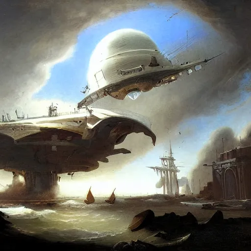 Prompt: painting starship landing by hubert robert