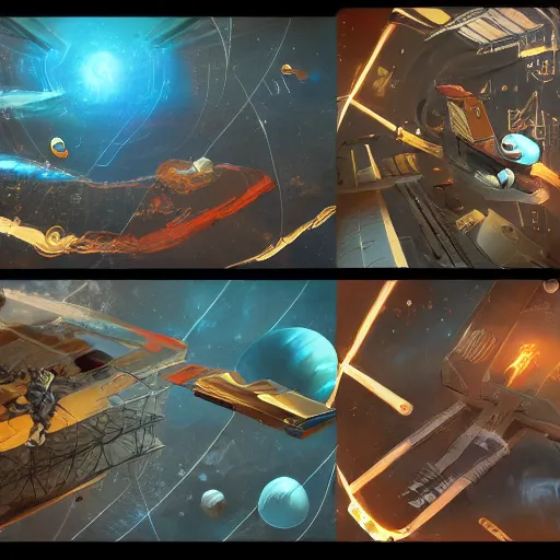 Prompt: epic scifi treasure hunting space adventure, dynamic action composition concept art