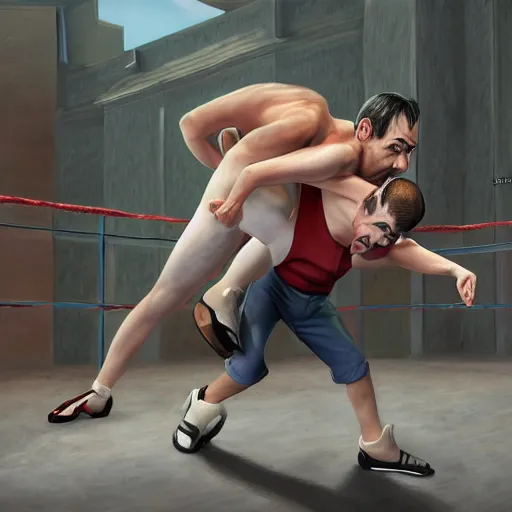 Prompt: A wrestling match between Mr. Bean and Peewee Herman, hyperrealistic, realistic, highly detailed, very detailed, extremely detailed, HD Quality, 8k resolution, digital art, oil painting, trending on artstation, epic, jagged edges and thick black outlines