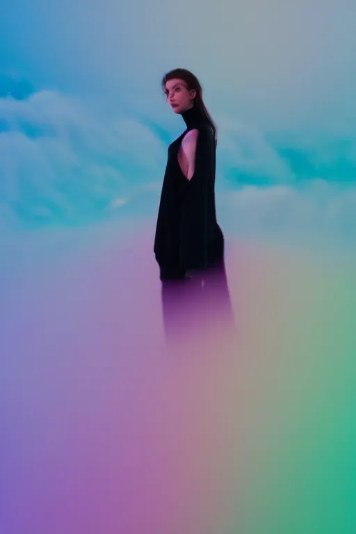 Image similar to high quality pastel coloured film photograph of a model wearing black clothing resting on cloud furniture clouds in a haze filled dreamstate world. three point light, rainbow. photographic production. art directed. pastel colours. volumetric clouds. pastel gradient overlay. waves glitch artefacts. 8 k. filmic.