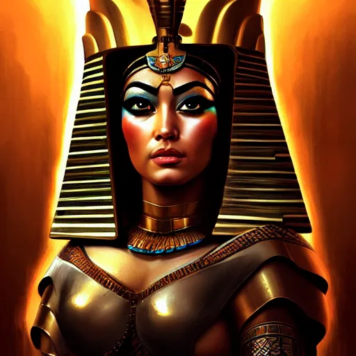 Image similar to portrait of gorgeous egypt goddess in the armor, beautiful face, hyper realistic, highly detailed, digital painting, artstation, illustration, concept art by hyung tae and frank frazetta, digital paint, matte paint, washed colors, dark, gloomy, foggy