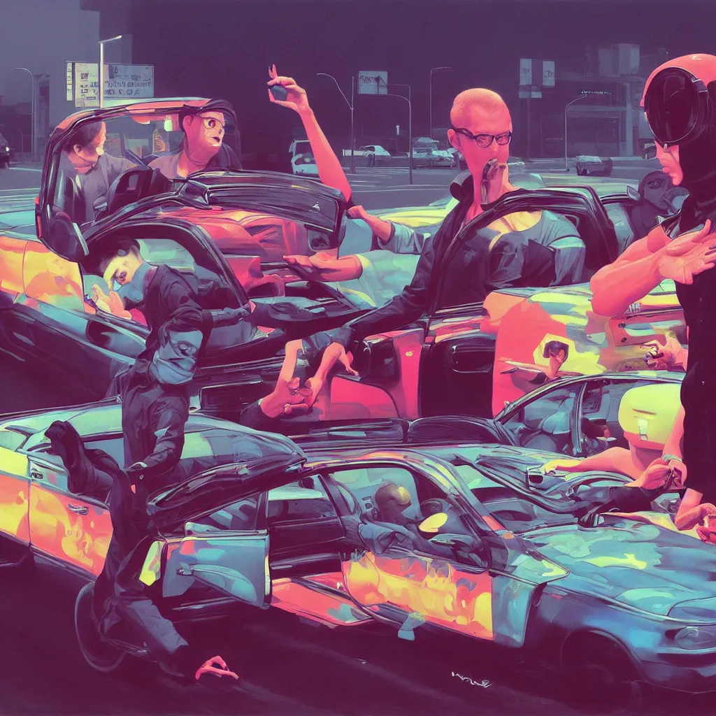 Prompt: weird and disturbing painting of todd solondz driving a car in the streets of tel aviv, vivid colors, neon, art by ( ( ( kuvshinov ilya ) ) ) and wayne barlowe and francis bacon and artgerm and wlop and william - adolphe bouguereau