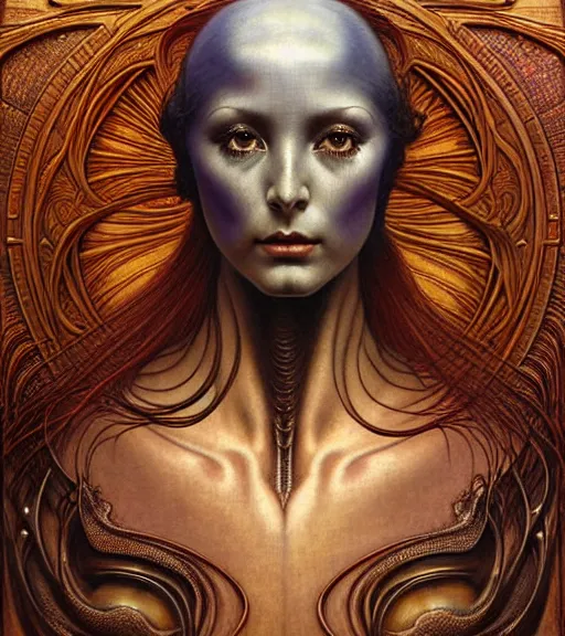 Image similar to detailed realistic beautiful young cher alien robot as queen of mars face portrait by jean delville, gustave dore and marco mazzoni, art nouveau, symbolist, visionary, gothic, pre - raphaelite. horizontal symmetry by zdzisław beksinski, iris van herpen, raymond swanland and alphonse mucha. highly detailed, hyper - real, beautiful