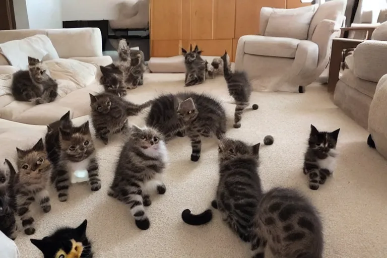 Image similar to a living room full of detailed cute kittens