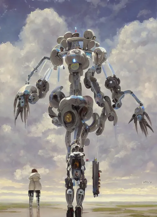 Image similar to an intricate oil painting of a giant pristine white anime humanoid feminine mecha with rounded components by simon stalenhag, inspired by nier : automata, clean white lab background