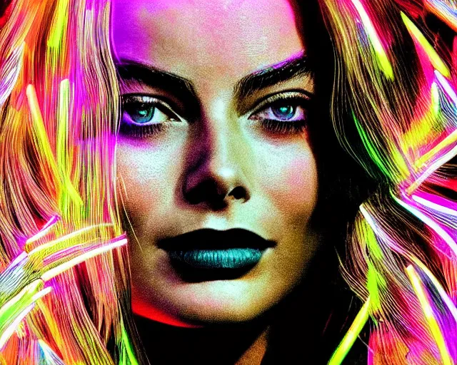 Image similar to led neon art of margot robbie, hyper detailed, award winning