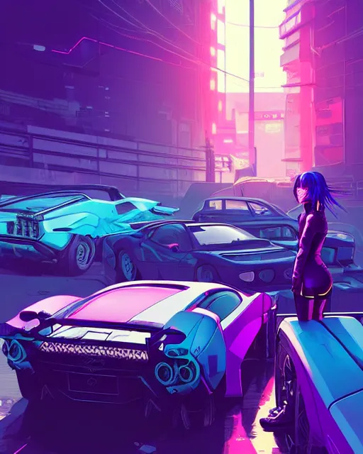 Prompt: digital illustration of cyberpunk pretty girl with blue hair, looking at a purple lamborghini, back view, in junkyard at night, by makoto shinkai, ilya kuvshinov, lois van baarle, rossdraws, basquiat