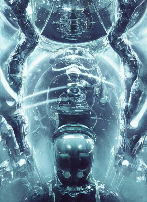 Image similar to symmetrical astronauts in dark and empty void underwater - complex and hyperdetailed technical suit. reflection and dispersion materials. rays and dispersion of light. volumetric light. 5 0 mm, f / 3 2. noise film photo. flash photography. ultra realistic, wide angle. poster by wayne barlowe, hajime sorayama aaron horkey, craig mullins