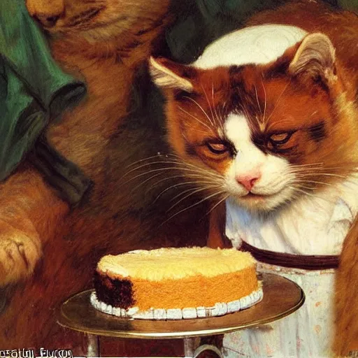 Image similar to a half cat half bear hybrid eating cake at his 7 0's birthday at a zoo, highly detailed painting by gaston bussiere, craig mullins, j. c. leyendecker