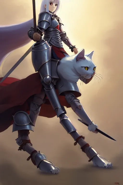 Prompt: a full body of the female knight riding a giant cat with gigantic sword, finely detailed features, closeup at the faces, perfect art, gapmoe yandere grimdark, trending on pixiv fanbox, painted by miura kentaro greg rutkowski makoto shinkai takashi takeuchi studio ghibli, akihiko yoshida