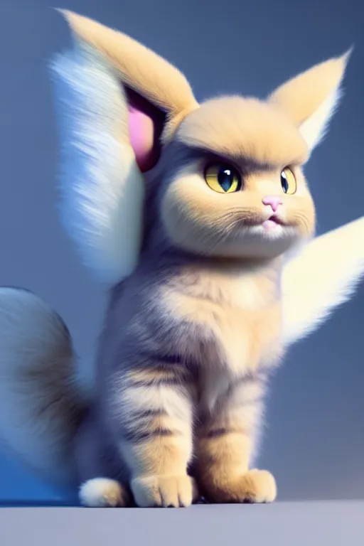 Image similar to high quality 3 d render hyperrealist very cute multipastel fluffy! chimera! cat hybrid with detailed fluffy wings!!, vray smooth, in the style of detective pikachu, hannah yata charlie immer, dramatic blue light, low angle, uhd 8 k, sharp focus