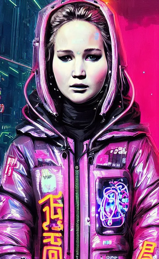 Prompt: detailed Jennifer Lawrence portrait Neon Operator, cyberpunk futuristic neon, reflective puffy coat, decorated with traditional Japanese ornaments by Ismail inceoglu dragan bibin hans thoma !dream detailed portrait Neon Operator Girl, cyberpunk futuristic neon, reflective puffy coat, decorated with traditional Japanese ornaments by Ismail inceoglu dragan bibin hans thoma greg rutkowski Alexandros Pyromallis Nekro Rene Maritte Illustrated, Perfect face, fine details, realistic shaded, fine-face, pretty face