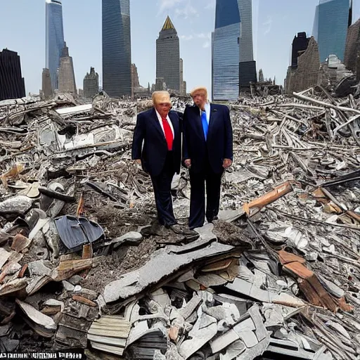 Prompt: a wide shot of Rudy Giuliani and Donald Trump holding hands on top of the world trade center rubble pile in new york